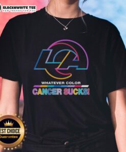 Ladies tee featuring Los Angeles Rams football logo in vibrant colors with 'Cancer Sucks' slogan.