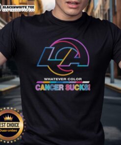 Alt Text: Good Los Angeles Rams Football T-Shirt featuring colorful 'Cancer Sucks' logo, perfect for sports fans and cancer awareness.