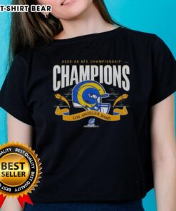 Los Angeles Rams NFC Championship Champions 2025-26 Big Helmet Center Ladies Tee featuring vibrant team graphics.