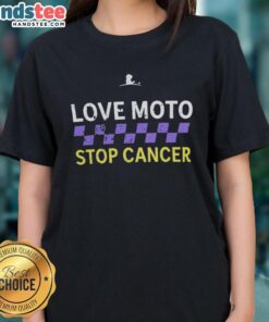 Good Love Moto Stop Cancer Ladies Tee featuring a stylish design promoting cancer awareness and support for women.