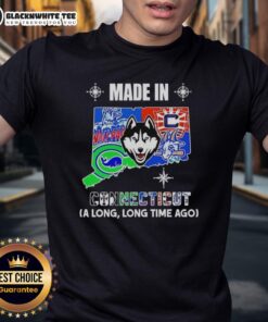 Alt Text: Good Made In Connecticut A Long Long Time Ago state mashup logo on a stylish teams t-shirt for local pride.