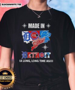 Alt Text: Good Made in Detroit logo on a ladies tee featuring a mashup design of iconic Detroit teams.