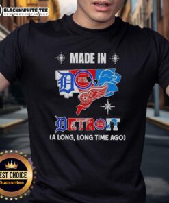 Alt Text: Good Made In Detroit A Long Long Time Ago State Mashup Logo T-Shirt showcasing Detroit pride and team spirit.