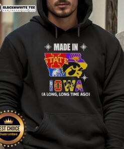Good Made in Iowa hoodie featuring a mashup logo of iconic teams, perfect for state pride and casual wear.