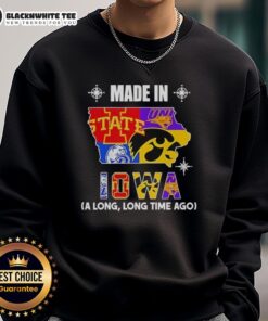 Alt Text: Cozy sweatshirt featuring the 'Good Made in Iowa' logo and a mashup of state team designs, perfect for Iowa fans.