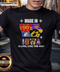 Alt Text: Good Made In Iowa A Long Long Time Ago State Mashup Logo Teams T-Shirt featuring vintage design and vibrant colors.