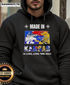 Alt Text: Cozy hoodie featuring the 'Good Made In Kansas' mashup logo celebrating Kansas sports teams.