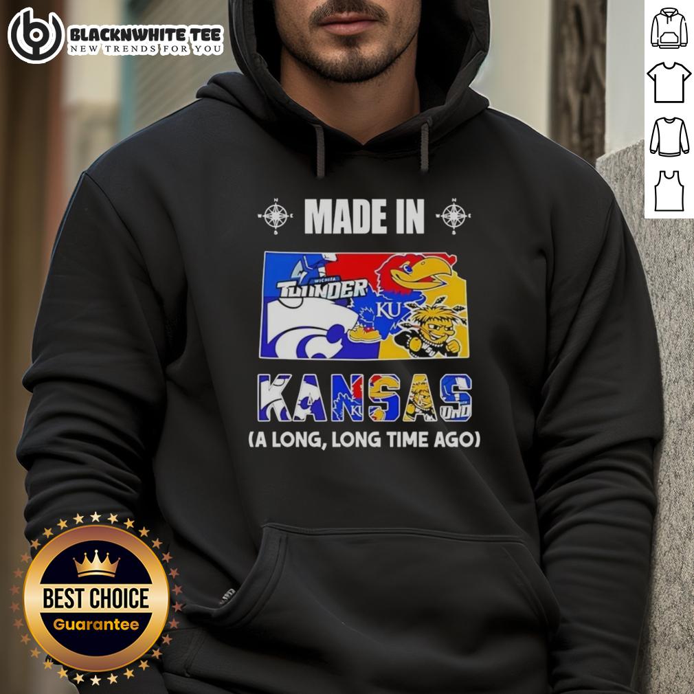 Good Made In Kansas A Long Long Time Ago State Mashup Logo Teams Hoodie Alt Text: Cozy hoodie featuring the 'Good Made In Kansas' mashup logo celebrating Kansas sports teams.