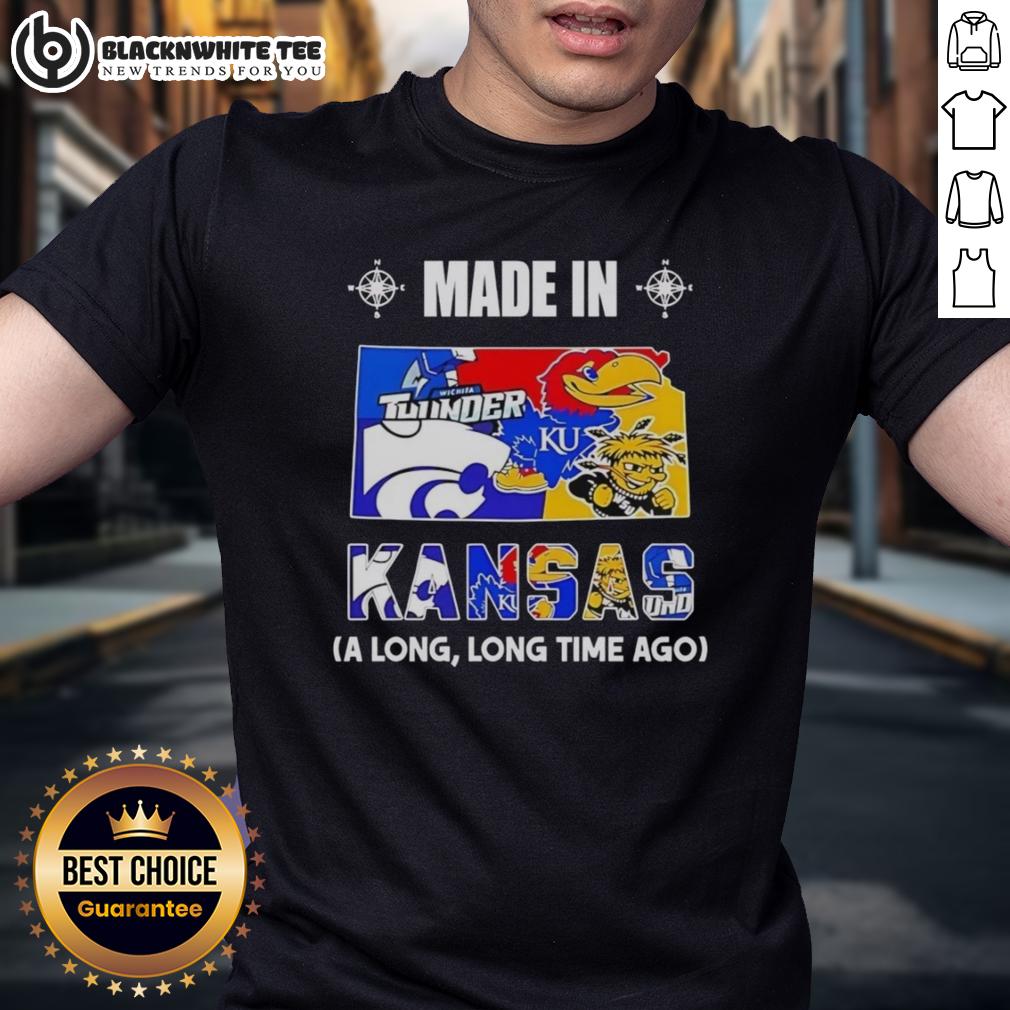 Good Made In Kansas A Long Long Time Ago State Mashup Logo Teams T Shirt Alt Text: Kansas state mashup logo t-shirt featuring Good Made In Kansas A Long Long Time Ago design for fans and teams.
