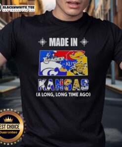 Alt Text: Kansas state mashup logo t-shirt featuring Good Made In Kansas A Long Long Time Ago design for fans and teams.