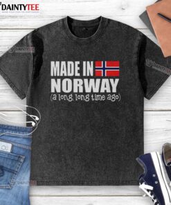 Good Made in Norway Long Time Ago flag washed t-shirt showcasing a vintage design and high-quality fabric.