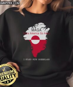 Alt Text: Good Maga Make America Go Away sweatshirt featuring a Greenland map design, perfect for unique political apparel.