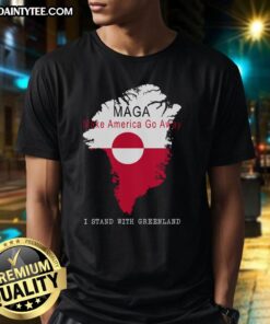 Alt Text: Good Maga Make America Go Away Greenland Map T-Shirt featuring a colorful graphic of Greenland and bold text.