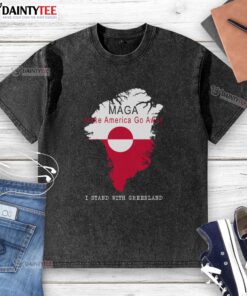 Good Maga Make America Go Away Greenland Map washed t-shirt in green, showcasing a unique graphic design perfect for casual wear.