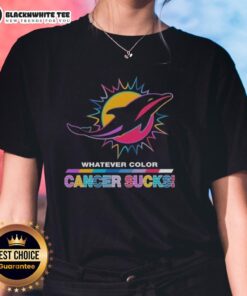 Miami Dolphins football ladies tee featuring a vibrant design promoting cancer awareness with colorful logo.