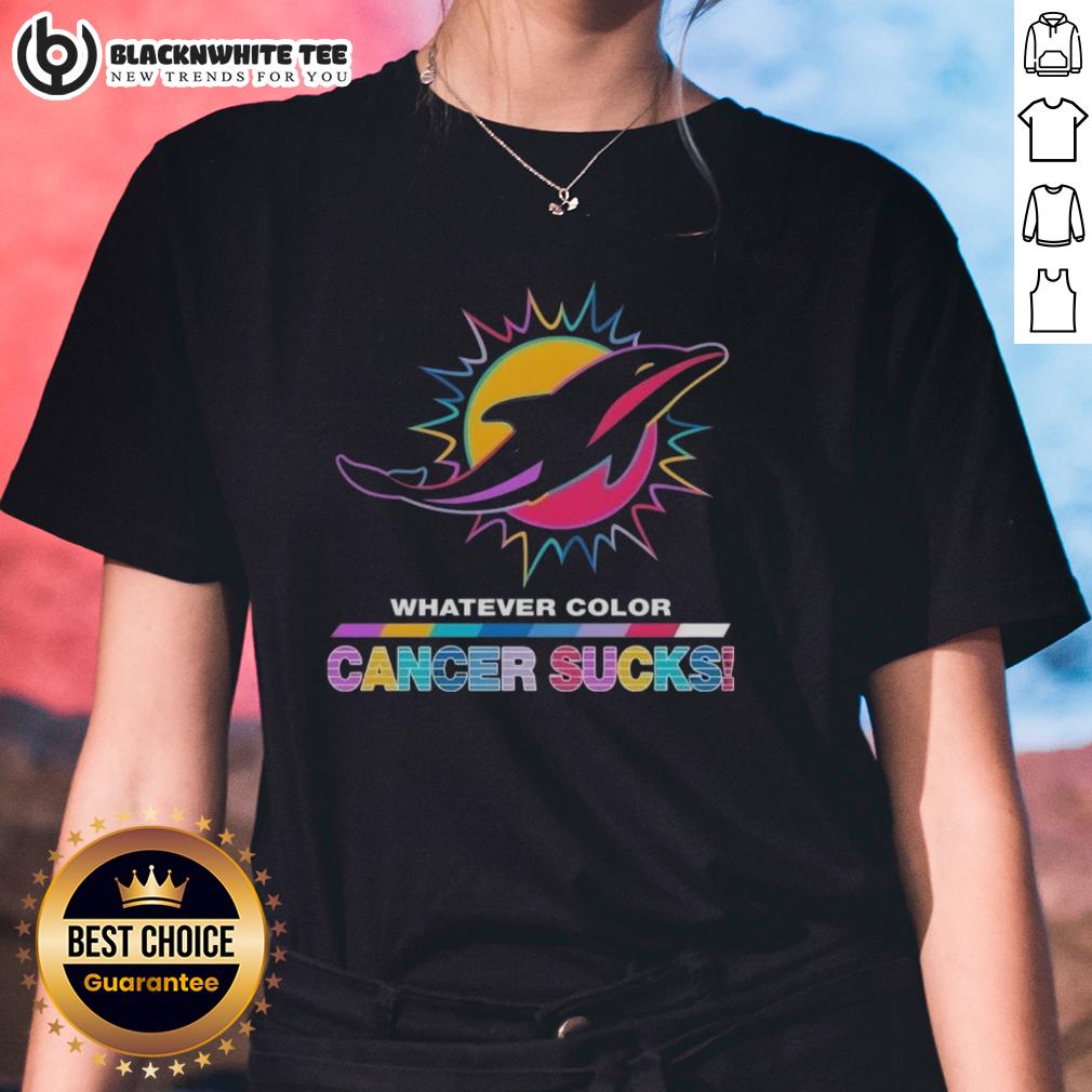 Good Miami Dolphins Football Whatever Color Cancer Sucks Logo Colors Ladies Tee Miami Dolphins football ladies tee featuring a vibrant design promoting cancer awareness with colorful logo.