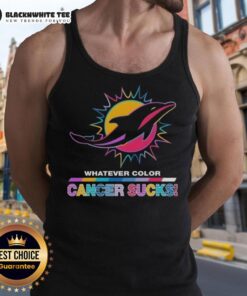 Miami Dolphins football tank top featuring a colorful 'Cancer Sucks' logo, perfect for supporters and awareness events.