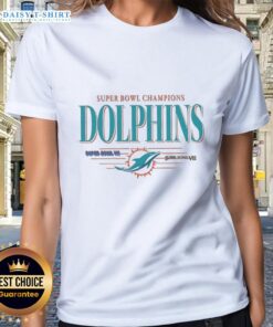Vintage Miami Dolphins NFL Super Bowl Champions logo on a ladies tee, celebrating the team's championships.