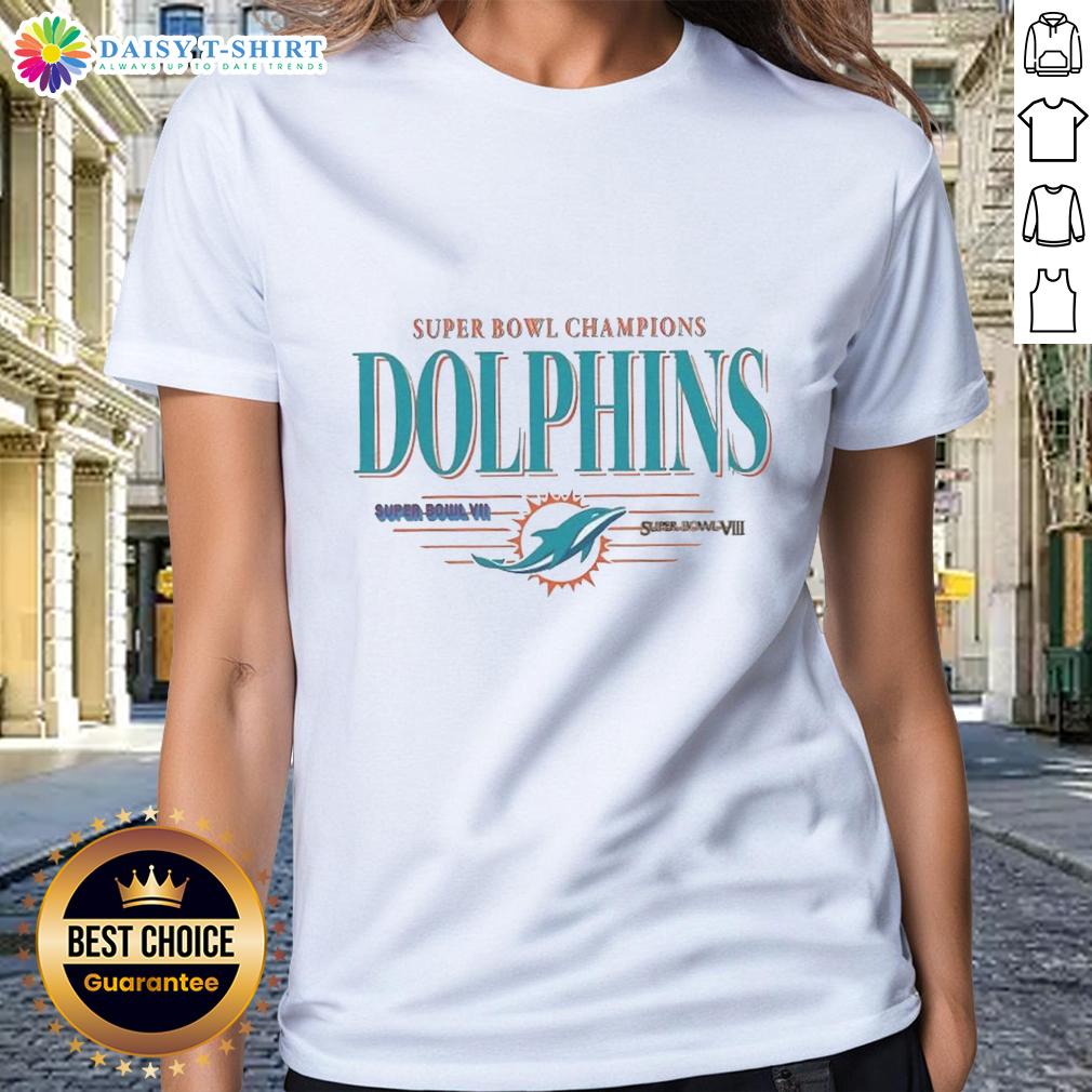 Good Miami Dolphins NFL Super Bowl Champions The Team's Championships Vintage Logo Ladies-Tee Vintage Miami Dolphins NFL Super Bowl Champions logo on a ladies tee, celebrating the team's championships.