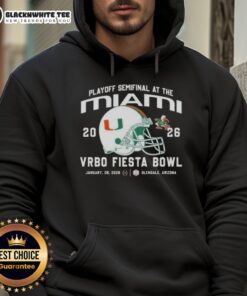 Alt Text: Miami Hurricanes 2026 Playoff Semifinal hoodie featuring team helmet design at the Vrbo Fiesta Bowl.