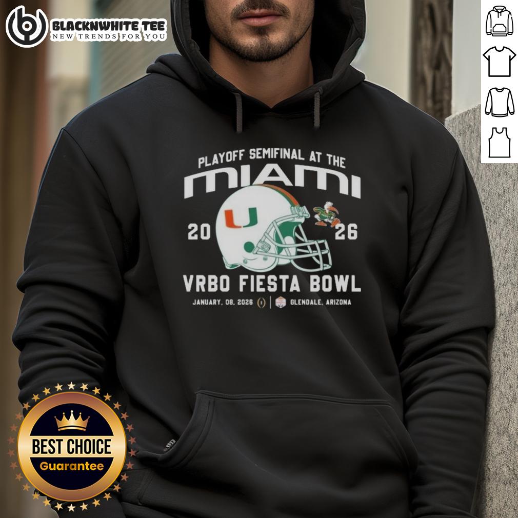 Good Miami Hurricanes 2026 Playoff Semifinal At The Vrbo Fiesta Bowl Helmet Hoodie Alt Text: Miami Hurricanes 2026 Playoff Semifinal hoodie featuring team helmet design at the Vrbo Fiesta Bowl.