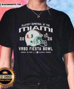 Miami Hurricanes 2026 Playoff Semifinal Vrbo Fiesta Bowl ladies tee featuring team logo and vibrant colors.