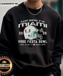 Alt Text: Miami Hurricanes 2026 Playoff Semifinal helmet sweatshirt at Vrbo Fiesta Bowl, showcasing team pride and spirit.