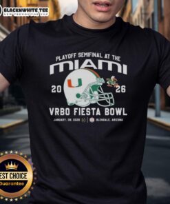 Good Miami Hurricanes 2026 Playoff Semifinal T-Shirt featuring Vrbo Fiesta Bowl helmet design.