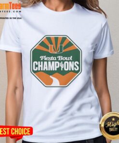 Alt Text: Miami Hurricanes Football Fiesta Bowl Champions CFP 2026 logo on a stylish ladies tee shirt. Perfect for fans!