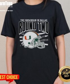 Miami Hurricanes NCAA CFP Round Two helmet on a ladies tee, featuring vibrant team colors and logo design.