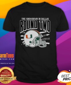 Alt Text: Good Miami Hurricanes NCAA CFP The Showdown in Dallas Round Two Helmet T-Shirt showcasing vibrant team colors and logo.