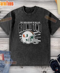 Miami Hurricanes NCAA CFP showdown in Dallas Round Two helmet washed T-shirt featuring team logo and vibrant colors.