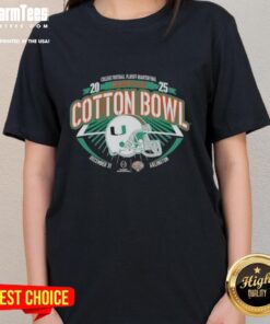 Alt Text: Ladies' tee featuring Miami Hurricanes Orange design for the 2025 College Football Playoff Cotton Bowl.