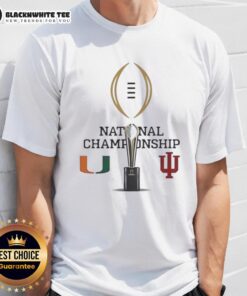 2026 CFP Champions fan logo t-shirt featuring Miami Hurricanes vs Indiana Hoosiers design for college football enthusiasts.