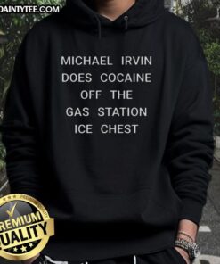 Alt Text: Michael Irvin wearing a hoodie, humorously depicted doing cocaine off a gas station ice chest in a playful scene.