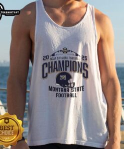 Alt Text: Montana State Bobcats NCAA Division I Football Champions 2025 helmet logo on a stylish tank top design.