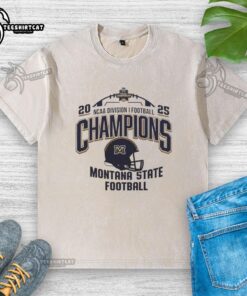Alt Text: Good Montana State Bobcats NCAA Division I Football Champions 2025 helmet logo on a stylish washed t-shirt.