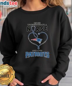 Good Never Underestimate A Nurse sweatshirt featuring football and New England Patriots design, perfect for fans.