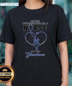 Funny ladies tee featuring 'Never Underestimate a Nurse Who Loves Baseball' with a Yankees stethoscope heart design.