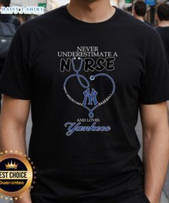 Alt Text: Nurse in a New York Yankees t-shirt with a stethoscope heart, showcasing love for baseball and healthcare.