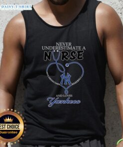 Alt Text: Nurse in a New York Yankees tank top with a stethoscope and heart design, showcasing her love for baseball and nursing.