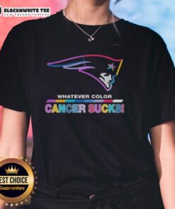 New England Patriots football ladies tee featuring 'Cancer Sucks' logo in team colors, perfect for fans and awareness.