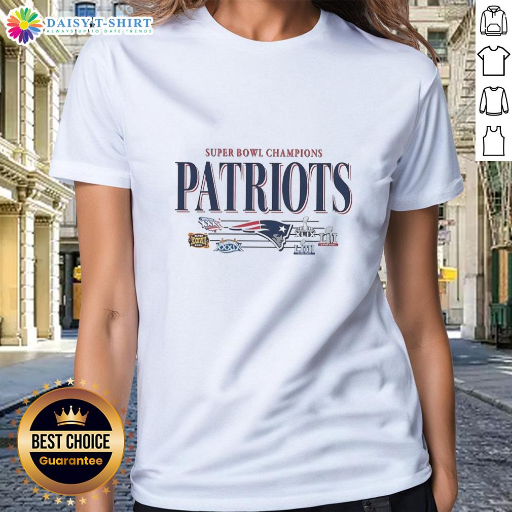 Good New England Patriots NFL Super Bowl Champions The Team's Championships Vintage Logo Ladies-Tee Vintage New England Patriots NFL Super Bowl Champions logo on a ladies tee, celebrating the team's championships.