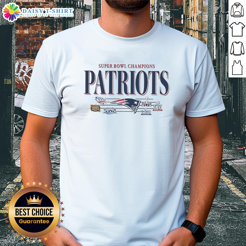 Good New England Patriots NFL Super Bowl Champions The Team's Championships Vintage Logo T-Shirt Alt Text: Vintage New England Patriots NFL Super Bowl Champions T-Shirt featuring the team's classic logo and championship design.