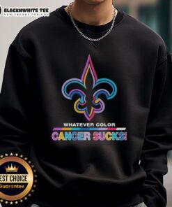 Good New Orleans Saints football sweatshirt in vibrant colors, promoting cancer awareness with a bold 'Cancer Sucks' logo.