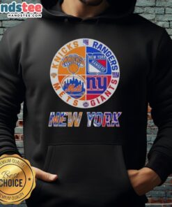 Good New York City sports hoodie featuring Knicks, Rangers, Giants, and Mets logos for fans of NYC teams.