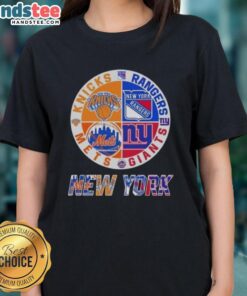 Alt Text: Good New York City Sports logos for Knicks, Rangers, Giants, and Mets on a ladies tee shirt.