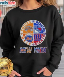 Good New York City Sports sweatshirt featuring Knicks, Rangers, Giants, and Mets logos in a stylish design.