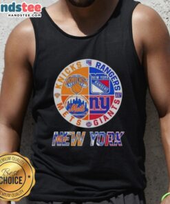 Alt Text: Good New York City Sports tank top featuring Knicks, Rangers, Giants, and Mets logos for fans.