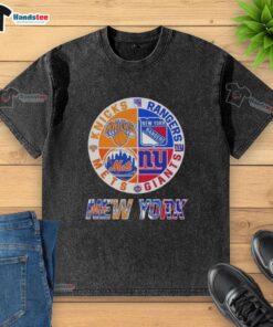 Good New York City Sports Knicks Rangers Giants Mets logos combine on a washed t-shirt design for fans.